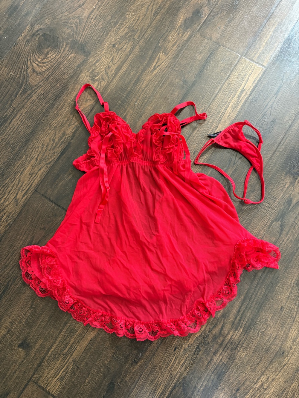 Women's Red Lace-Trim Babydoll Chemise with Matching Thong